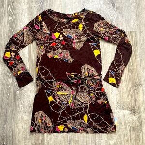 French Connection XS Brown Yellow Butterfly Print Cotton Long Sleeve Top Vintage